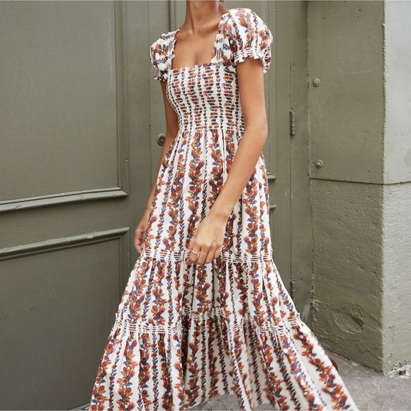 O.P.T Square Neck Smocked Maxi Dress White and Floral Tiered Skirt wore by - Picture 14 of 16